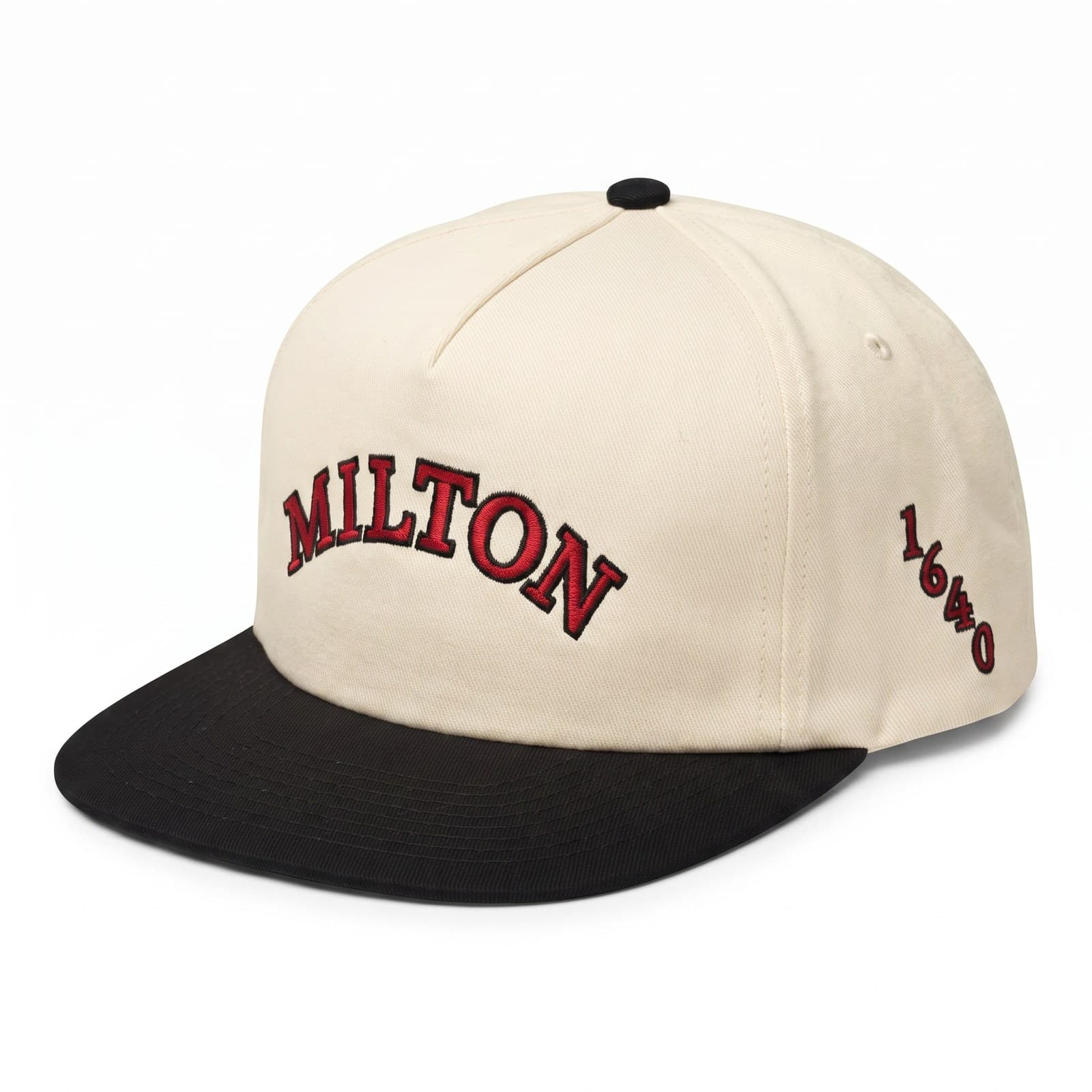 Milton snapback showing the arched wordmark and the 1640 side embroidery